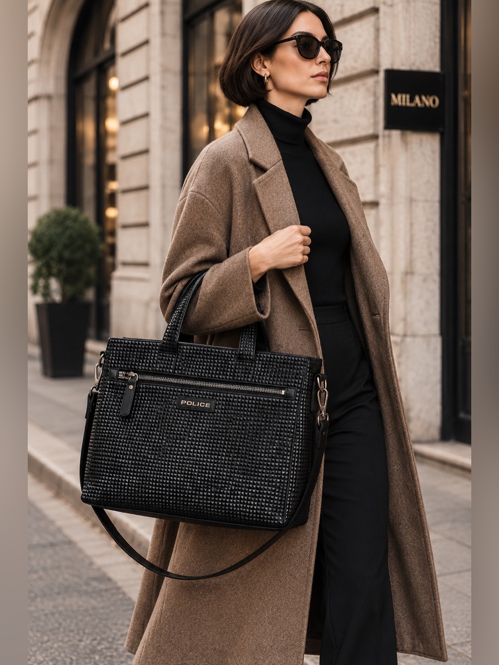 Italian Designer Tote POLICE Black Pyramid Large Structured Luxury Bag Purse